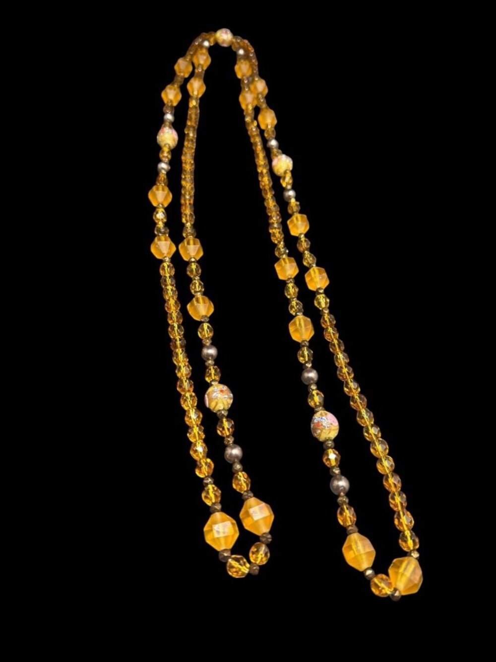 Art Deco Flapper Necklace Orange Glass Wedding Cake Bead Accents 60” Length